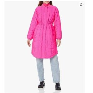 Women's Quilted Oversize Coat MEDIUM Neon Pink Waterproof 2-Way Zipper Polyester